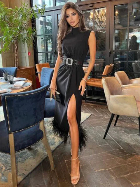 Mode Schwarz Feder Split Midi Kleid 2022 Neue Sommer Frauen' Sexy ärmellose Gürtel Celebrity Club Party Kleid Vestidos