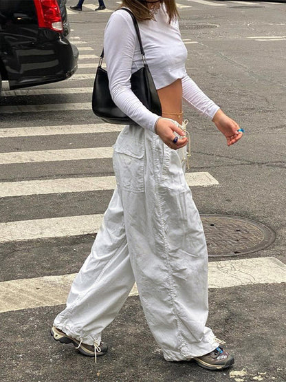 Sweetown Casual Baggy Wide Leg Sweatpants Weiß Lose Kordelzug Niedrige Taille Streetwear Cargo Hosen Womens Hippie Joggers Hosen